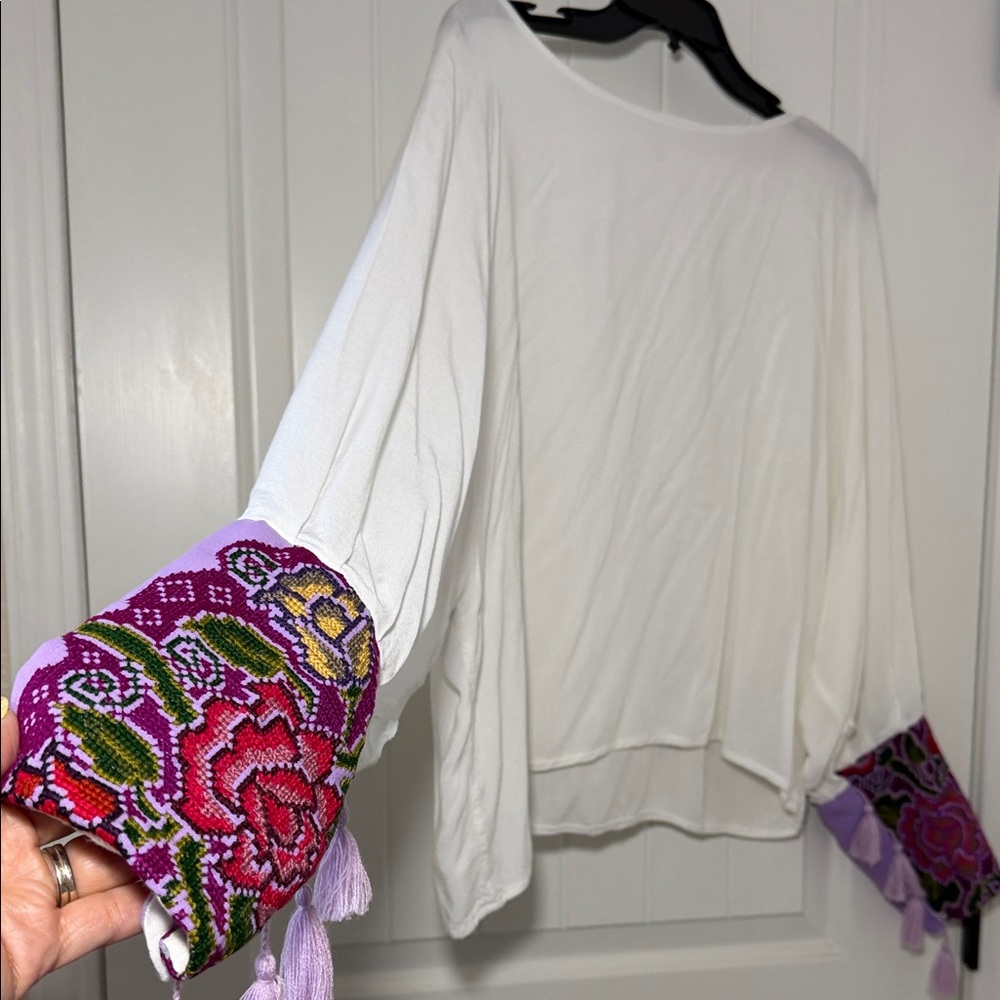 White Women's Blouse with Embroidered Purple Floral Cuffs